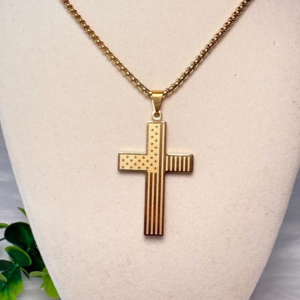 Gold Cross With American Flag‎ Necklace
